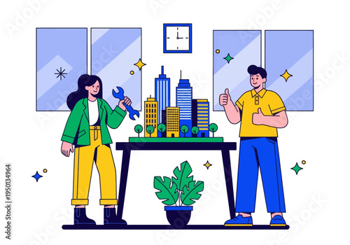 Architects and engineers celebrate their successful smart city development project. A diverse team presents a detailed miniature model with a wrench and double thumbs-up in a modern office.