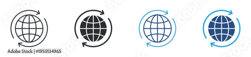 Global sync icon set. Globe with circular arrows icon, worldwide connection and data refresh concept. Vector illustration.