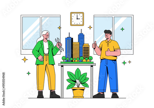 Architects and engineers celebrate their successful smart city development project. A diverse team presents a detailed miniature model with a wrench and double thumbs-up in a modern office.