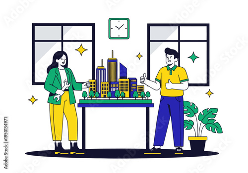 Architects and engineers celebrate their successful smart city development project. A diverse team presents a detailed miniature model with a wrench and double thumbs-up in a modern office.