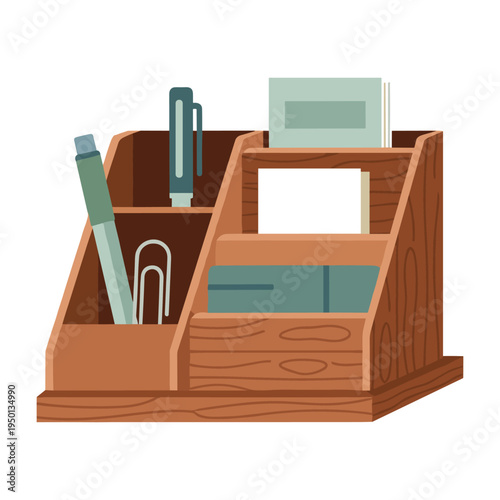wooden desk organizer with office supplies