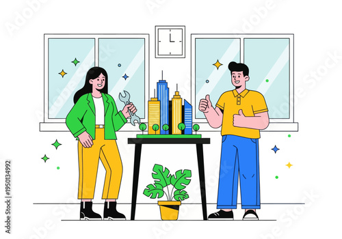 Architects and engineers celebrate their successful smart city development project. A diverse team presents a detailed miniature model with a wrench and double thumbs-up in a modern office.