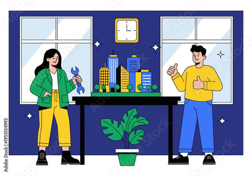 Architects and engineers celebrate their successful smart city development project. A diverse team presents a detailed miniature model with a wrench and double thumbs-up in a modern office.