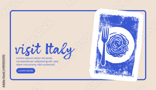 Visit Italy travel banner with vintage spaghetti linocut icon Italian tourism illustration
