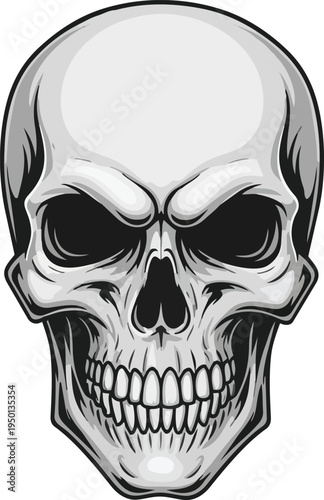 Stylized skull silhouette in black and white, eerie grin, gothic horror vector illustration