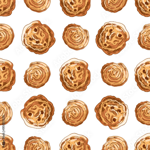 Hand drawn vintage seamless pattern with sweet pastry rolls bakery dessert illustration