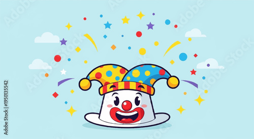 Jester head with colorful confetti and stars on light blue background festive carnival celebration element