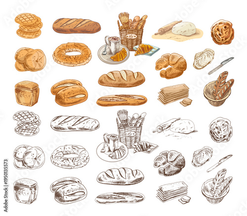 Hand drawn vintage bakery bread pastry croissant dessert baking tools food illustration collection set