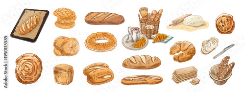 Hand drawn vintage bakery bread pastry croissant waffle dough baking tools food illustration collection