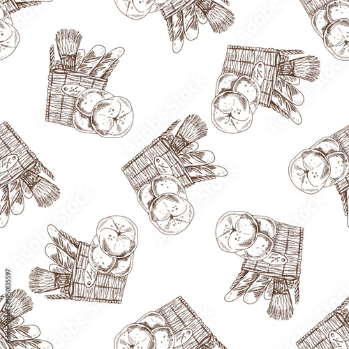 Hand drawn vintage seamless pattern with bakery basket bread baguette buns rustic food illustration
