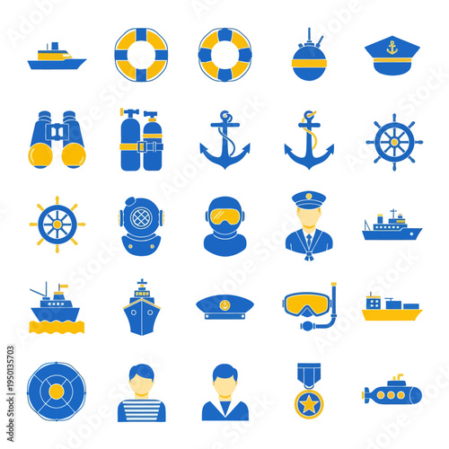 Set of 25 nautical and navy flat icons. Vector illustration of ships, anchors, diving gear, sailors, and maritime equipment in blue and yellow colors isolated on white.