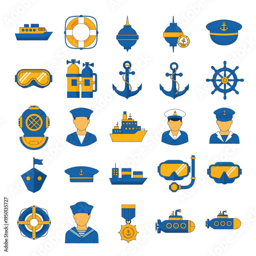 Set of 25 nautical and navy flat icons. Vector illustration of ships, anchors, diving gear, sailors, and maritime equipment in blue and yellow colors isolated on white.