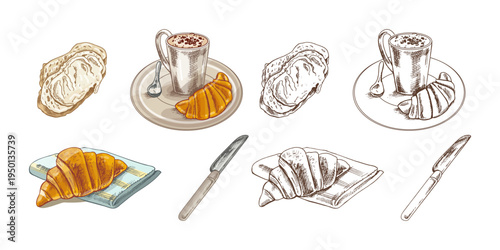 Hand drawn vintage croissant coffee pastry breakfast dessert bakery food illustration collection set