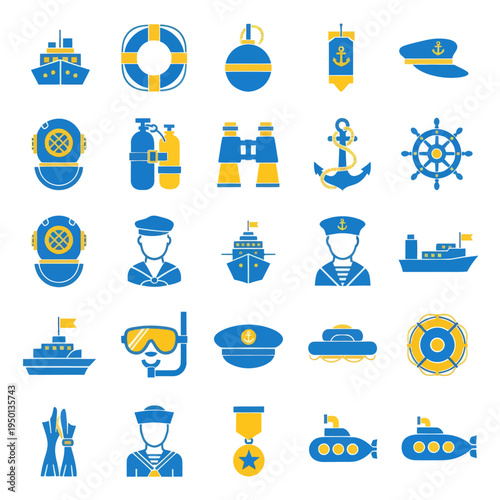 Set of 25 nautical and navy flat icons. Vector illustration of ships, anchors, diving gear, sailors, and maritime equipment in blue and yellow colors isolated on white.