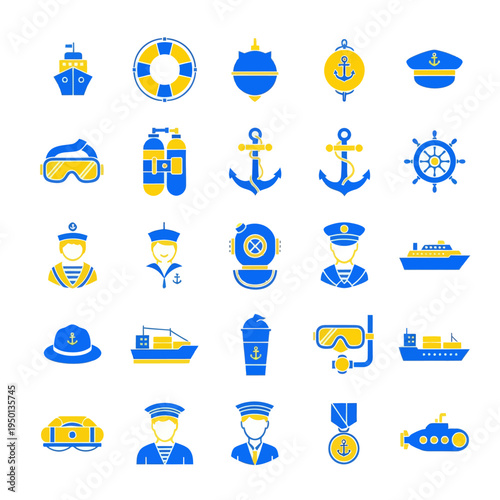 Set of 25 nautical and navy flat icons. Vector illustration of ships, anchors, diving gear, sailors, and maritime equipment in blue and yellow colors isolated on white.