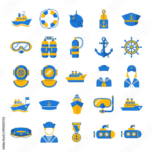 Set of 25 nautical and navy flat icons. Vector illustration of ships, anchors, diving gear, sailors, and maritime equipment in blue and yellow colors isolated on white.