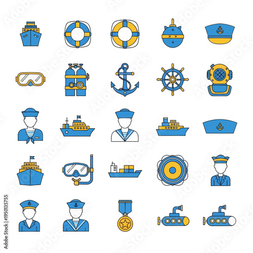 Set of 25 nautical and navy flat icons. Vector illustration of ships, anchors, diving gear, sailors, and maritime equipment in blue and yellow colors isolated on white.