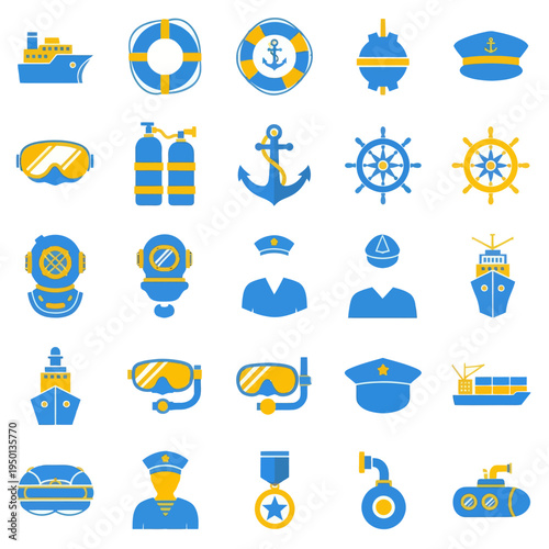 Set of 25 nautical and navy flat icons. Vector illustration of ships, anchors, diving gear, sailors, and maritime equipment in blue and yellow colors isolated on white.
