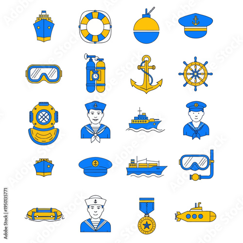 Set of 25 nautical and navy flat icons. Vector illustration of ships, anchors, diving gear, sailors, and maritime equipment in blue and yellow colors isolated on white.