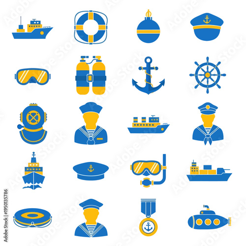 Set of 25 nautical and navy flat icons. Vector illustration of ships, anchors, diving gear, sailors, and maritime equipment in blue and yellow colors isolated on white.