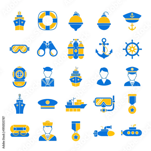 Set of 25 nautical and navy flat icons. Vector illustration of ships, anchors, diving gear, sailors, and maritime equipment in blue and yellow colors isolated on white.