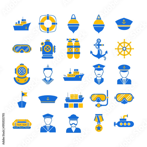 Set of 25 nautical and navy flat icons. Vector illustration of ships, anchors, diving gear, sailors, and maritime equipment in blue and yellow colors isolated on white.