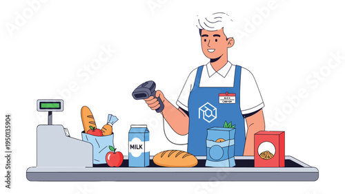 Retail Worker scanning Groceries: A smiling retail worker scans groceries at a checkout, surrounded by various food items. This scene highlights everyday commerce.