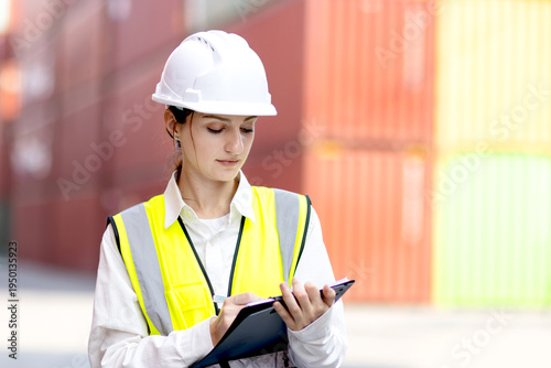 Happy beautiful woman engineer wears safety vest and helmet, holds document folder while inspects containers. Female foreman worker working at logistic shipping cargo container yard.