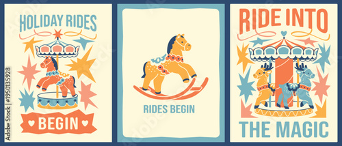 Retro holiday carousel posters set with rocking horse and merry-go-round. Vintage amusement park wall art for children’s room decor.