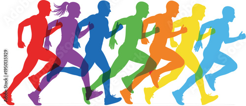 Colorful running people silhouettes set, marathon runners sprinting athletes collection, vibrant sport activity illustration, fitness running group vector design
