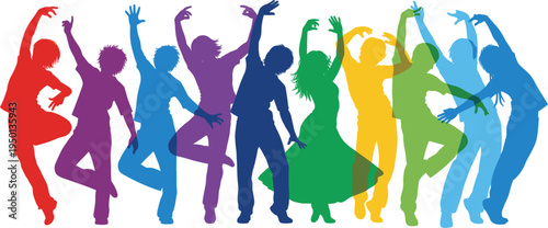 Colorful dancing people silhouettes group, vibrant party dancers jumping and celebrating, music festival crowd illustration, energetic youth dance poses vector background