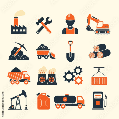 Set of 16 industrial and mining flat icons. Vector illustration of factory, excavator, miner, coal, oil pump, and logistics symbols in orange and black style isolated on beige.