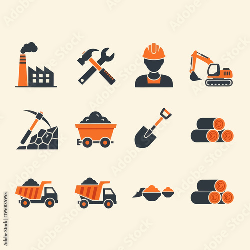 Set of 16 industrial and mining flat icons. Vector illustration of factory, excavator, miner, coal, oil pump, and logistics symbols in orange and black style isolated on beige.