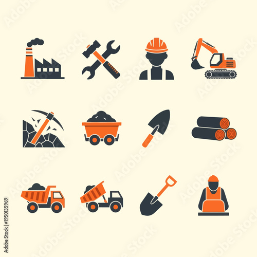 Set of 16 industrial and mining flat icons. Vector illustration of factory, excavator, miner, coal, oil pump, and logistics symbols in orange and black style isolated on beige.