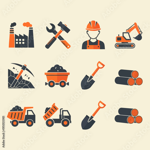 Set of 16 industrial and mining flat icons. Vector illustration of factory, excavator, miner, coal, oil pump, and logistics symbols in orange and black style isolated on beige.