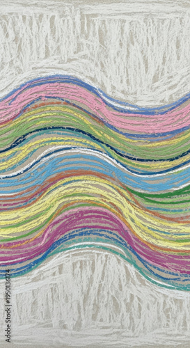 Colorful, wavy threads create a dynamic pattern against a textured white background suggesting fiber art or abstract data flow.