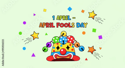 Colorful april fools' day cake with confetti and stars on light green background celebrating 1 april holiday