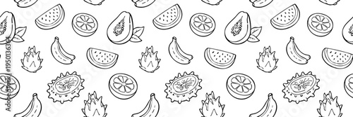 Seamless tropical fruit pattern in hand drawn outline style with banana, papaya, dragon fruit, citrus and watermelon. Minimal black line food background perfect for packaging, menus, and textiles