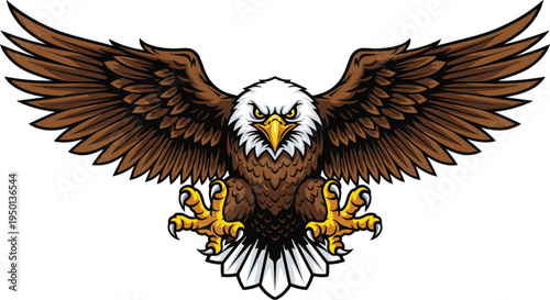 Flying bald eagle mascot illustration, aggressive American eagle with spread wings and claws, patriotic bird emblem, sports team mascot logo vector