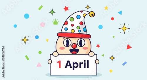 Cartoon clown with colorful party hat holding april 1st sign surrounded by festive confetti and stars on light blue background