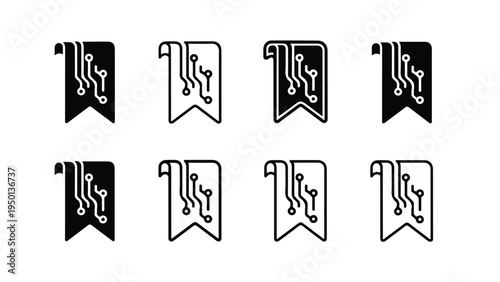 Set of eight black and white ribbon icons with a flame design on a white background in a flat lay composition.