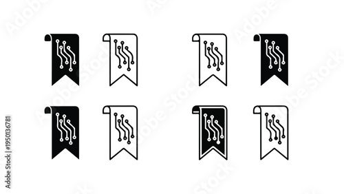 Set of eight black and white ribbon icons with a musical note design on a plain white background.
