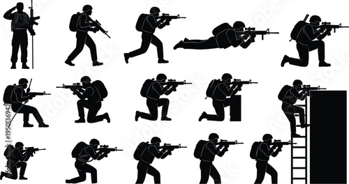 Soldier tactical poses silhouette set, military combat sniper and assault positions, army special forces action collection, black soldier vector silhouettes isolated