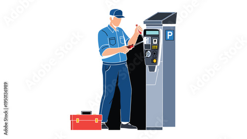 Repairing the Parking Meter: An illustration showing a parking meter being fixed by a service person, highlighting the technical aspect of maintaining urban infrastructure. 