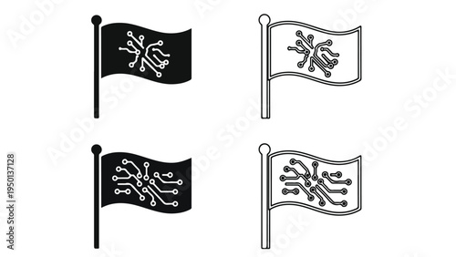 Four black and white flag icons with a snowflake design on a plain white background in a flat lay composition.