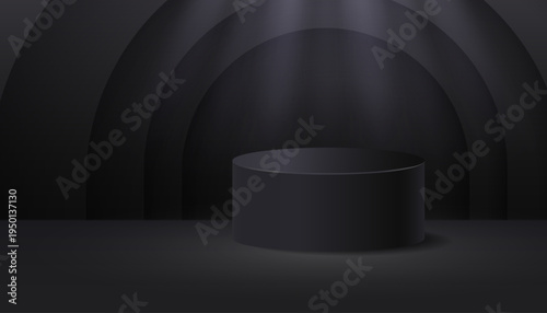 Modern dark podium background with glowing circular lines and soft spotlight. Elegant abstract showcase stage for product presentation, branding, cosmetics and premium advertising design.