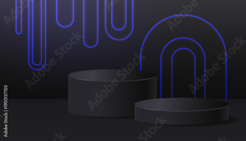 Modern dark podium background with glowing circular lines and soft spotlight. Elegant abstract showcase stage for product presentation, branding, cosmetics and premium advertising design.