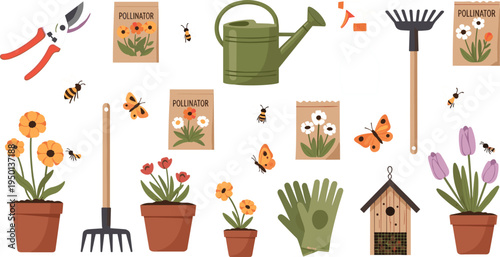 Gardening Tools and Pollinator-Friendly Plants Set with Watering Can, Pruning Shears, Flower Pots, Bees, and Butterfly Habitat