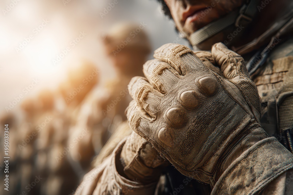 Fototapeta premium Close-up of gloved hands of soldiers in desert camouflage, focusing on unity and strength, symbolizing the unwavering resolve of military personnel on a challenging mission.