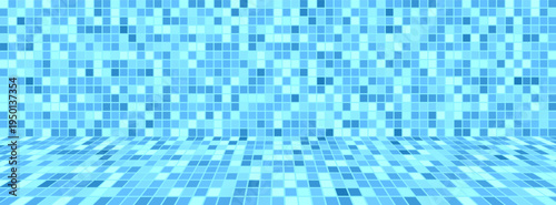 Pool tile with floor-to-wall horizon small square mosaic in various shades of light blue